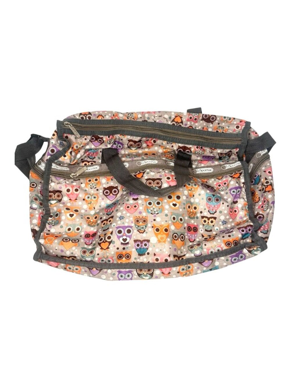 LeSportsac Weekender Travel Bag Duffel Hoot Owl Gray Pink Orange Lightweight